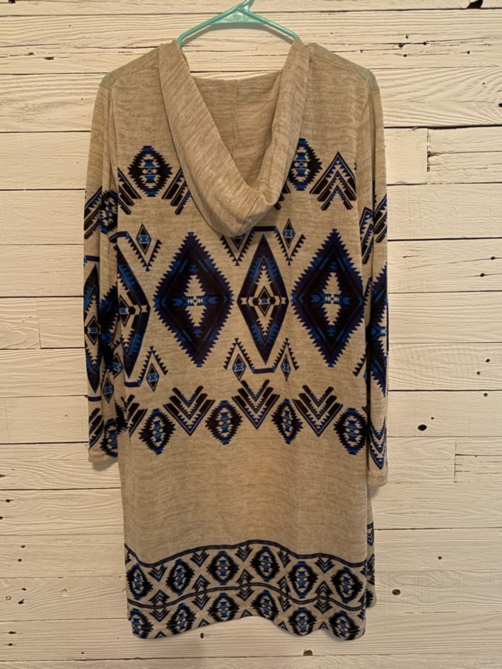 Aztec Print Open Front Cardigan Hooded Women Top - Beige and Blue Relaxed - Picture 4 of 4
